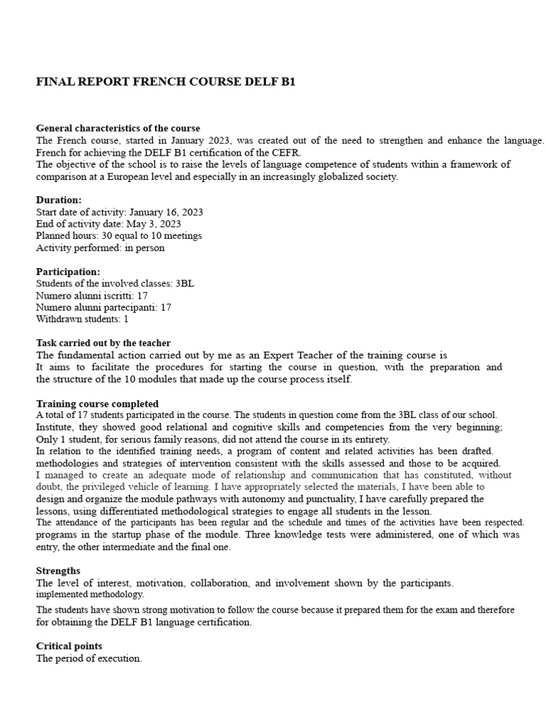 DELF B1 French Course Final Report | PDF | Teachers | Motivational