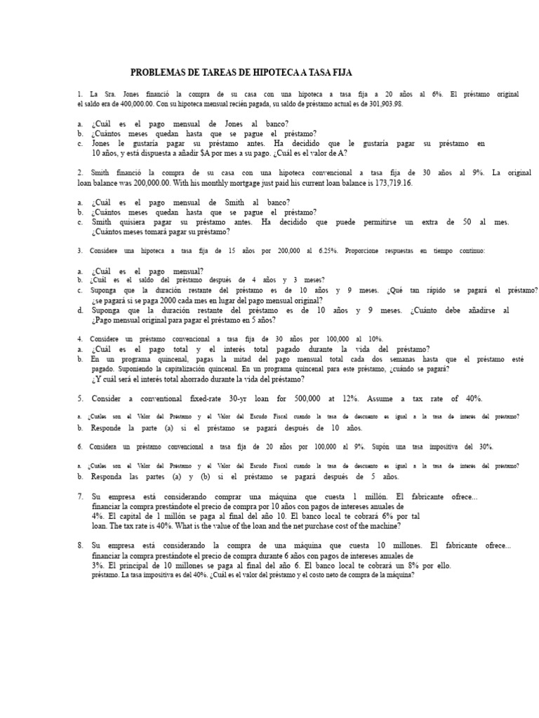 Problemas de Tarea de Hipoteca A Tasa Fija | PDF | Hipotecas | Interés