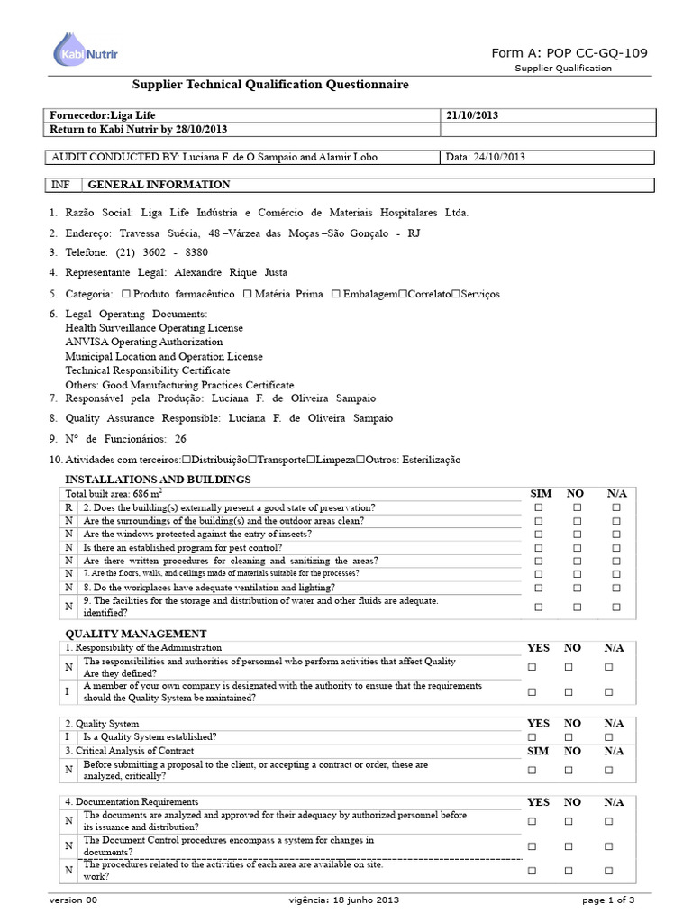 Supplier Technical Qualification Form | PDF | Calibration
