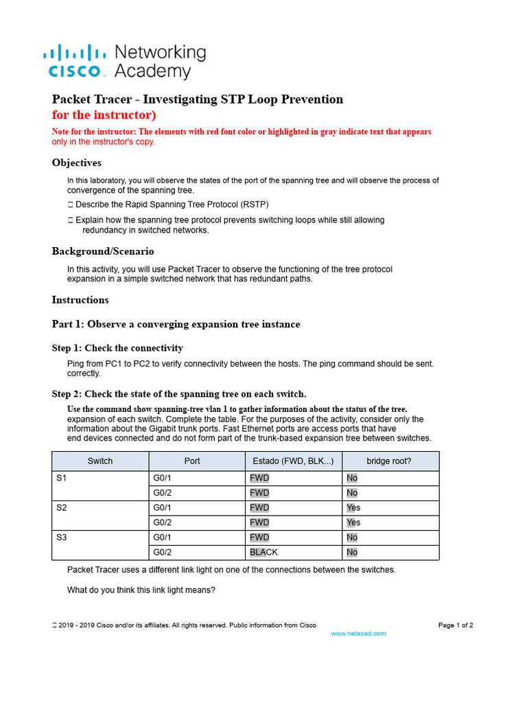 5.1.9 Packet Tracer - Investigate STP Loop Prevention - ILM | PDF ...