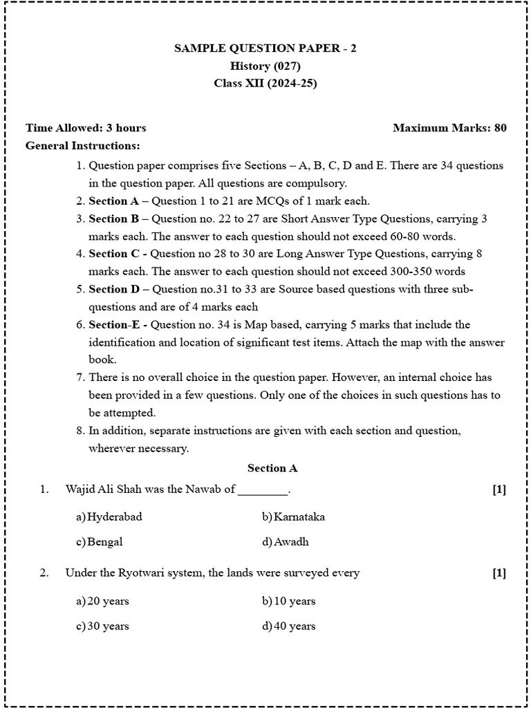 Class XII History Sample Question Paper | PDF