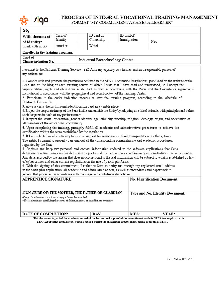 SENA Learner Commitment Enrollment Form | PDF | Identity Document ...