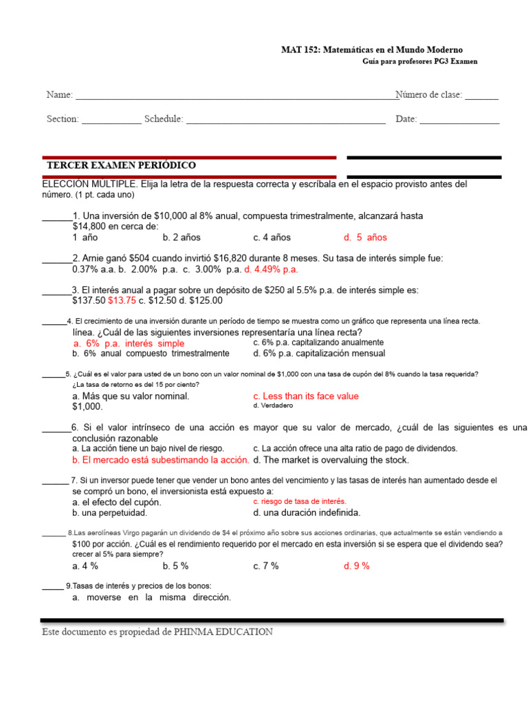 Examen de Matemáticas Financieras MAT 152 | PDF | Programación lineal ...