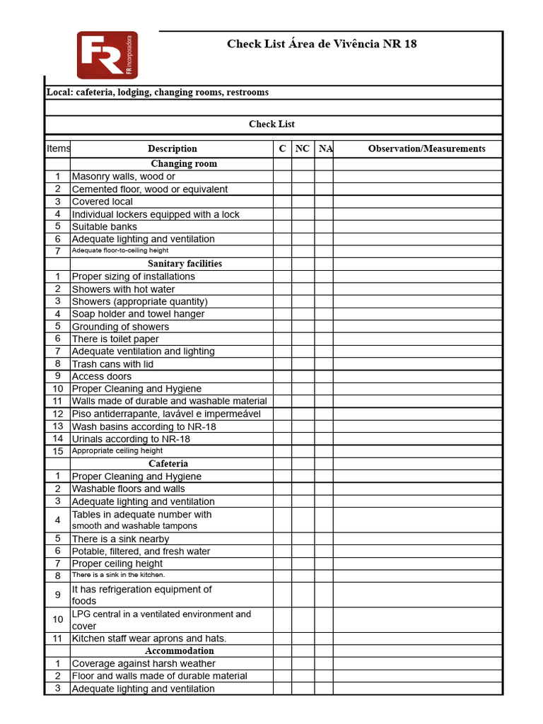 NR 18 Living Area Compliance Checklist | PDF | Public Toilet | Hygiene