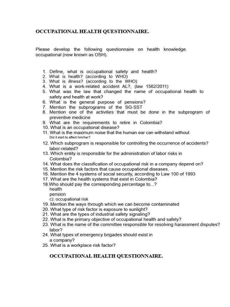 Occupational Health Questionnaire Guide | PDF | Occupational Safety And ...