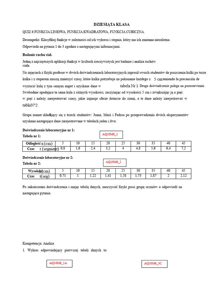 QUIZ 6 Funkcja Liniowa, Funkcja Kwadratowa, Funkcja Sześcienna | PDF