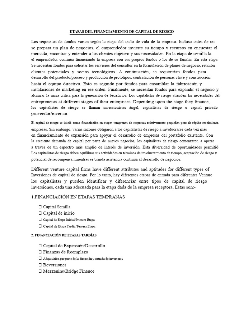 Etapas de la financiación de capital de riesgo | PDF | Empresa de ...