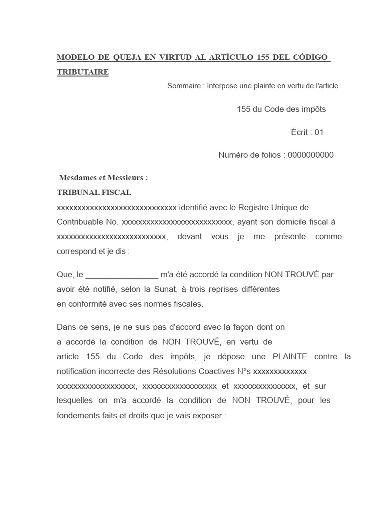 Modèle de plainte article 155 Code fiscal | PDF
