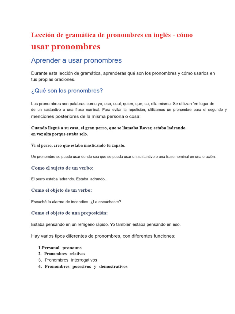 Uso de pronombres en inglés: guía completa | PDF | Pronombre | Asunto ...