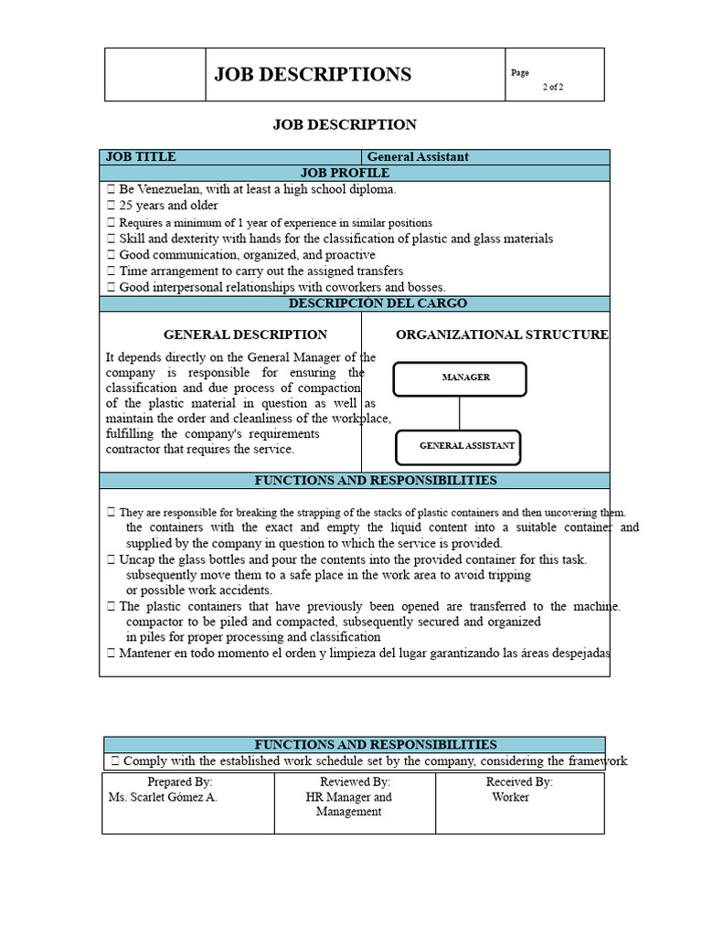 General Assistant Job Description | PDF | Workplace | Working Conditions