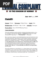 Download FORMAL COMPLAINT vs the Kingdom of Norway by Wilh Werner Winther  SN9651759 doc pdf