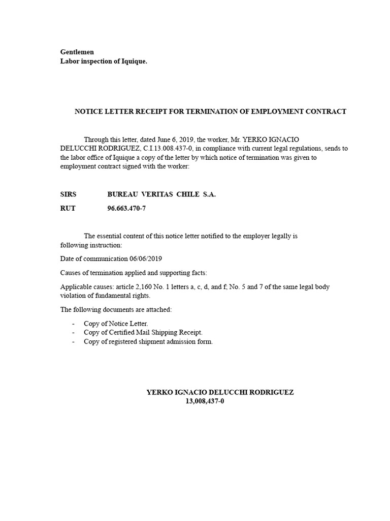 Model Accompanies Termination Letter To The Inspection | PDF