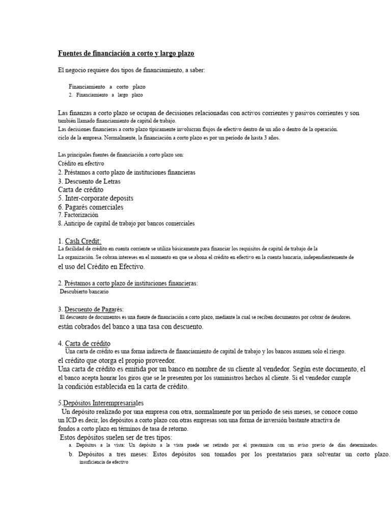 Fuentes de Financiación: Corto y Largo Plazo | PDF | Compartir ...