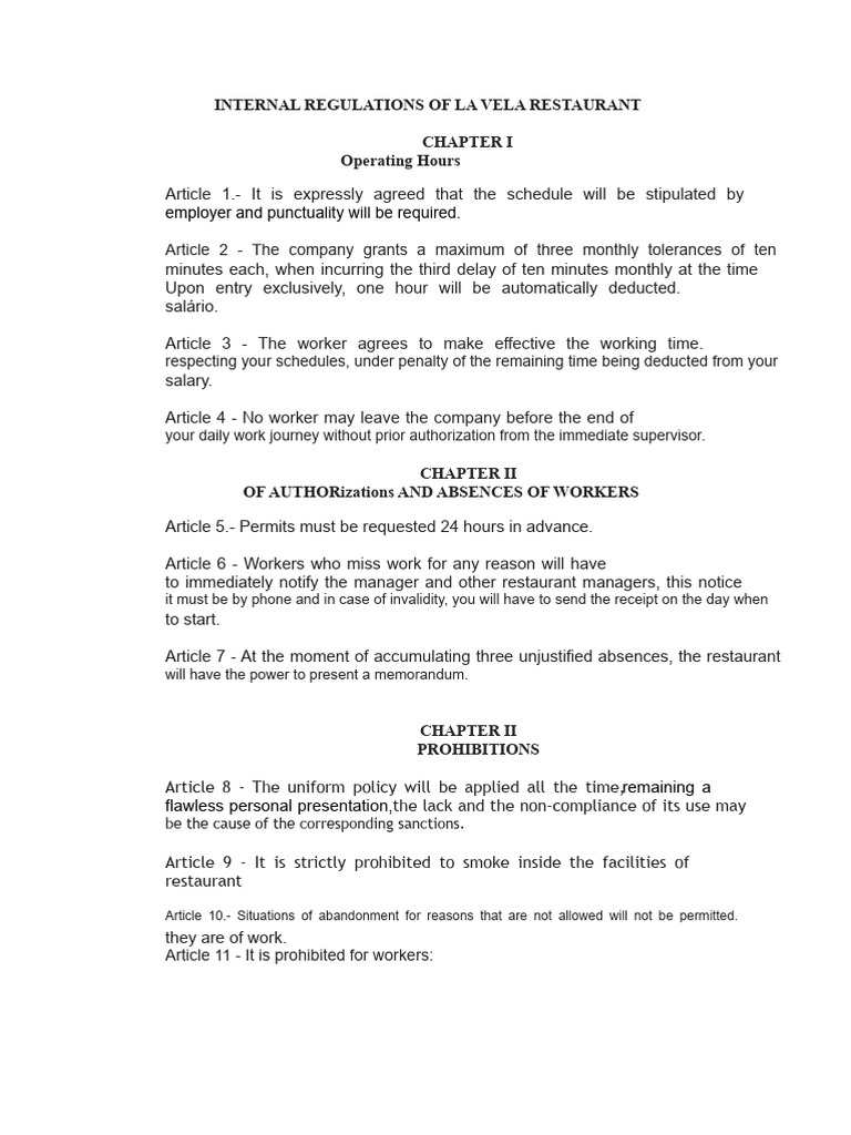 Internal Work Regulations at La Vela Restaurant | PDF | Restaurants ...