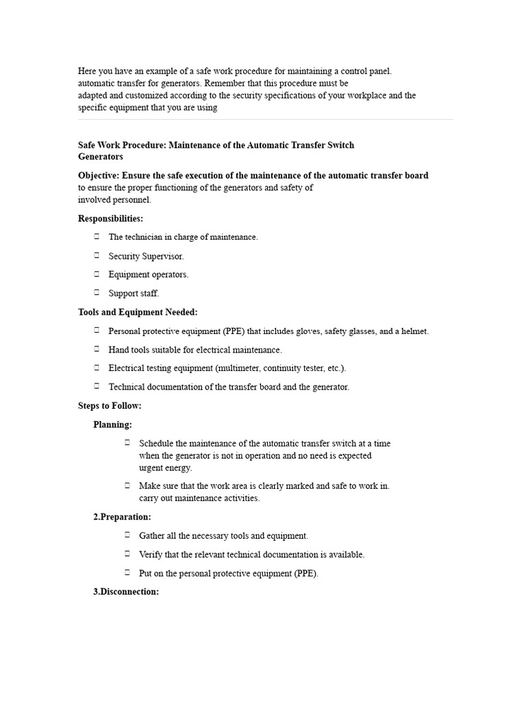 Safe Work Procedure for ATS Maintenance | PDF | Relay | Switch