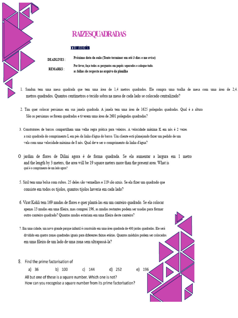 Exercícios de Raiz Quadrada e Área | PDF