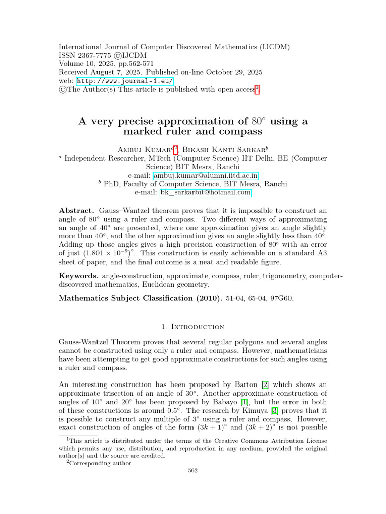 004 A very precise approximation of 80 using a marked ruler and compass ...