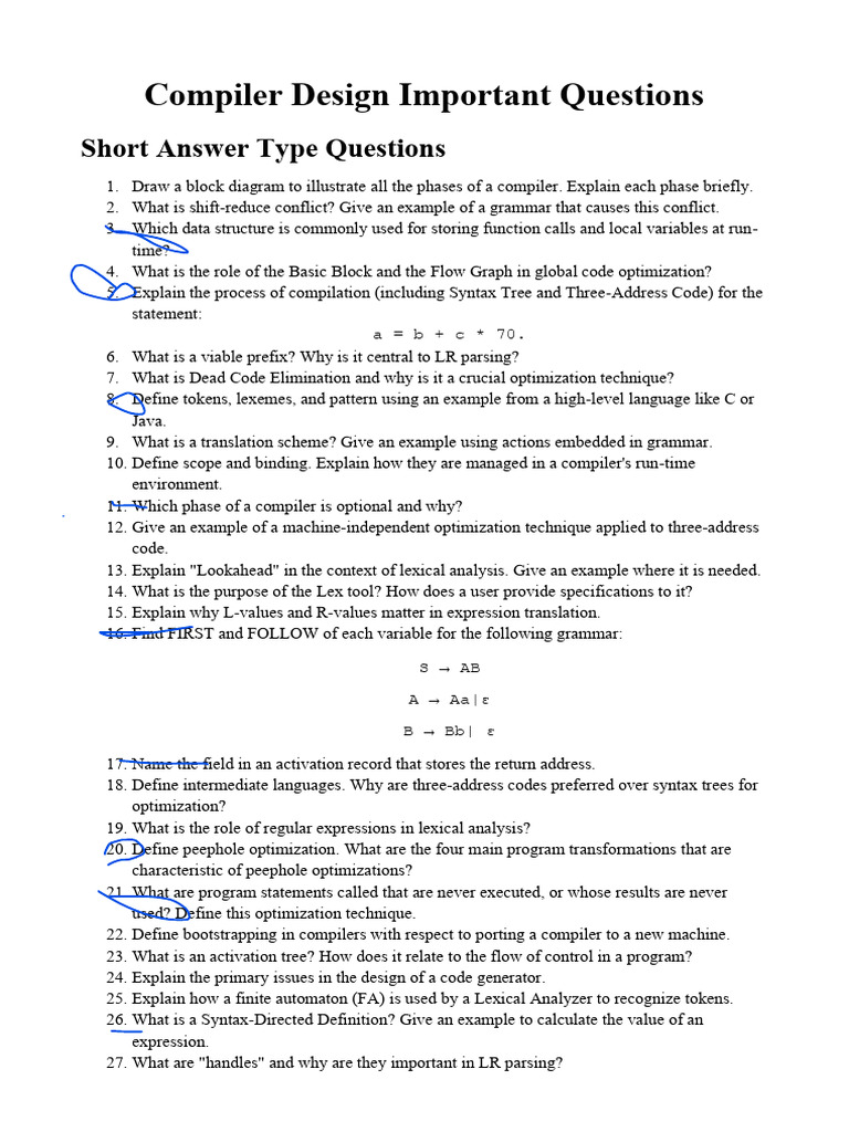 Compiler Design Key Questions and Answers | PDF | Parsing | Compiler