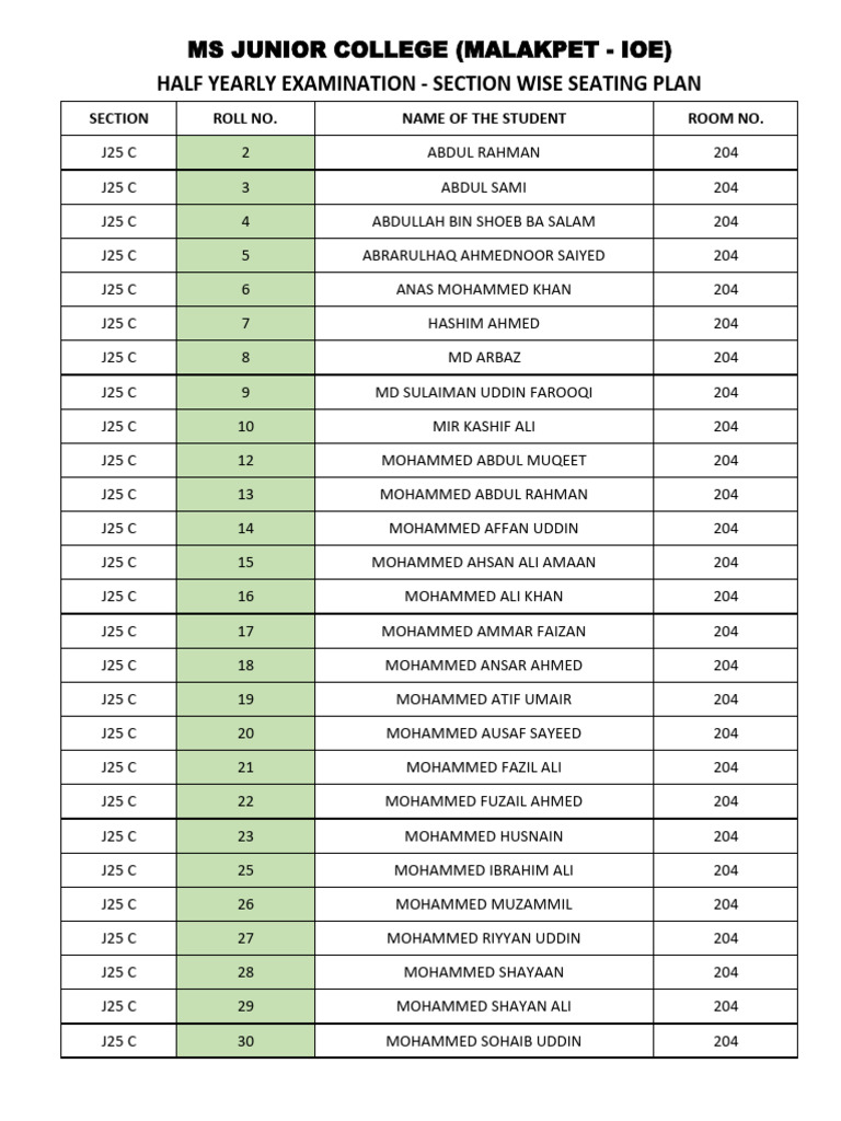 J25 C - JR - HALF YEARLY - SECTION WISE SEATING PLAN - DEC - 2025 | PDF
