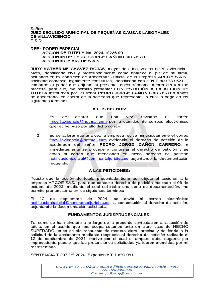 Contestación a Acción de Tutela ARCOE S.A.S. | PDF | Petición | Justicia