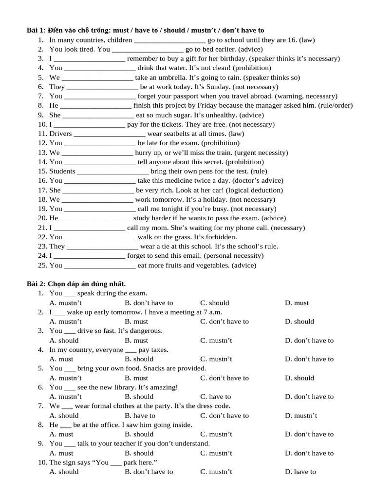 Must, Should, Have To: English Exercises | PDF