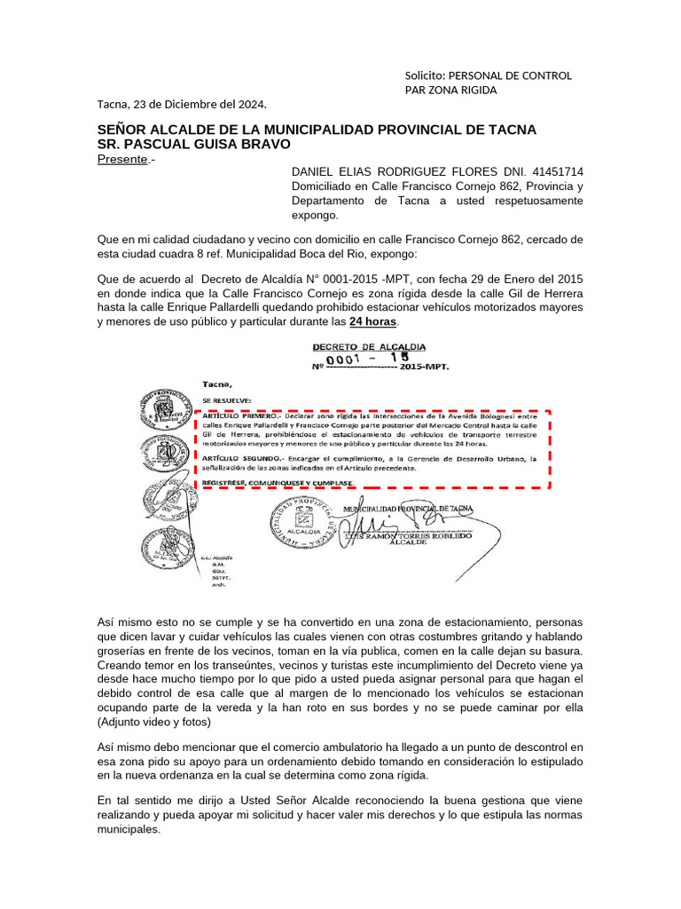 Solicitud de Control en Zona Rígida Tacna | PDF