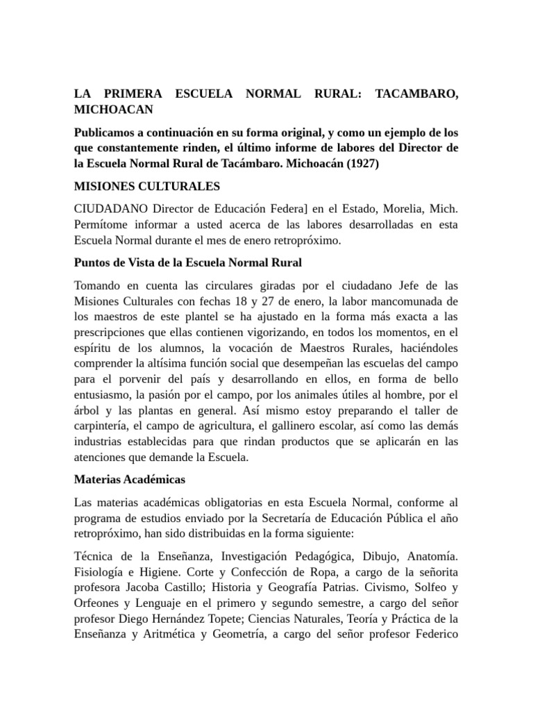 Informe de la Escuela Normal Rural Tacámbaro | PDF | Escuelas | Agricultura