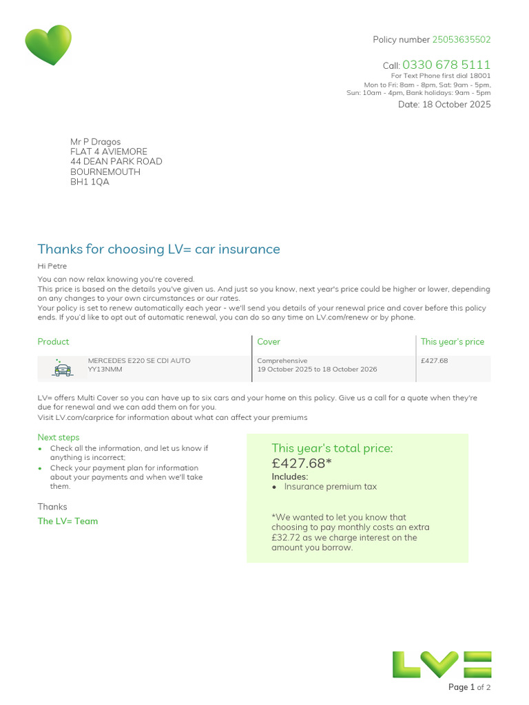 LV= Car Insurance Policy Details | PDF | Vehicle Insurance | Insurance