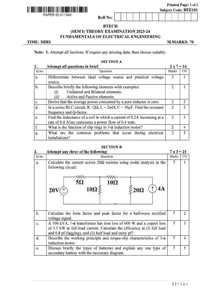 BEE 101 2023 24 Question Paper | PDF