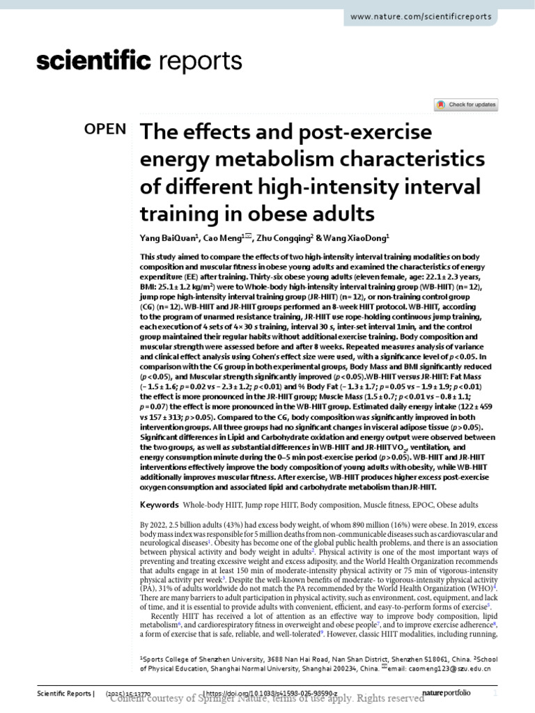 The Effects and Post-Exercise Energy Metabolism Characteristics of ...