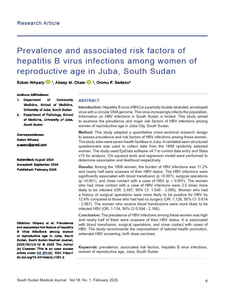 HBV Infection Prevalence in Juba Women | PDF | Hepatitis B | Clinical ...