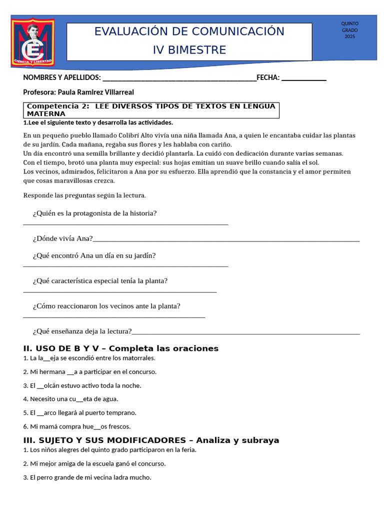 Actividades de Lectura y Lengua para Quinto Grado | PDF