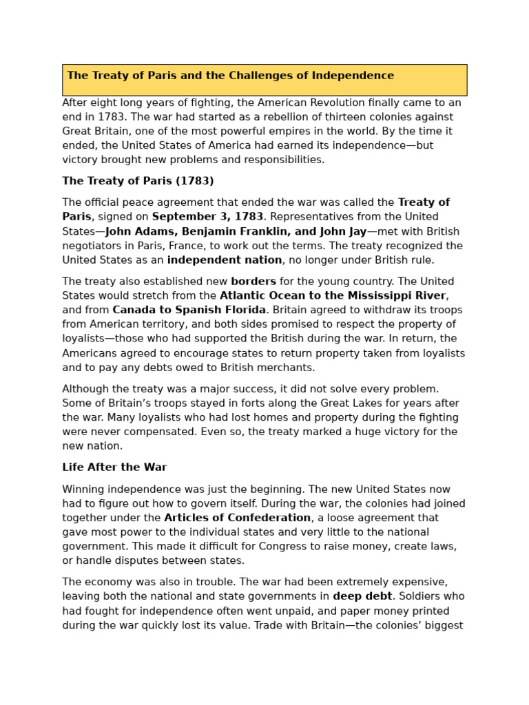 The Treaty of Paris and The Challenges of Independence | PDF | The ...