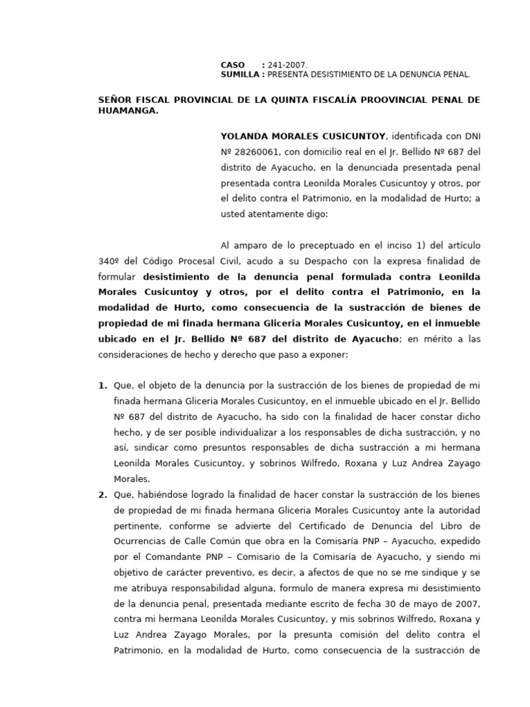 Desistimiento de Denuncia Penal en Ayacucho | PDF | Justicia | Crimen y ...