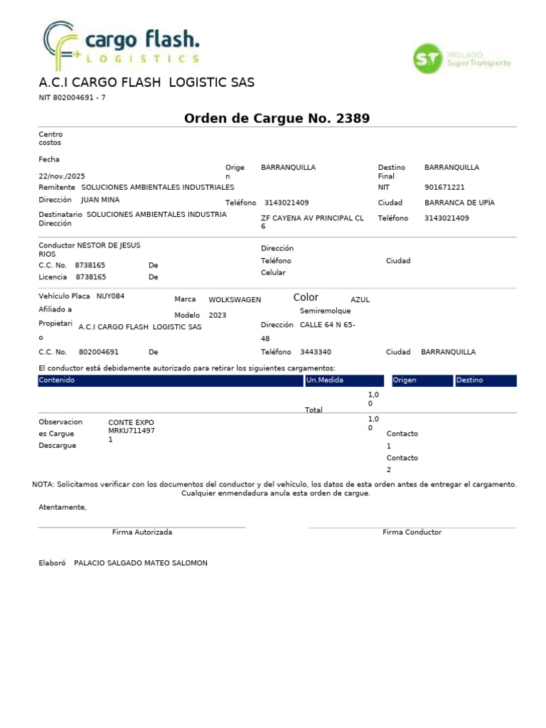 Orden de Cargue 2389 - A.C.I Cargo Flash | PDF