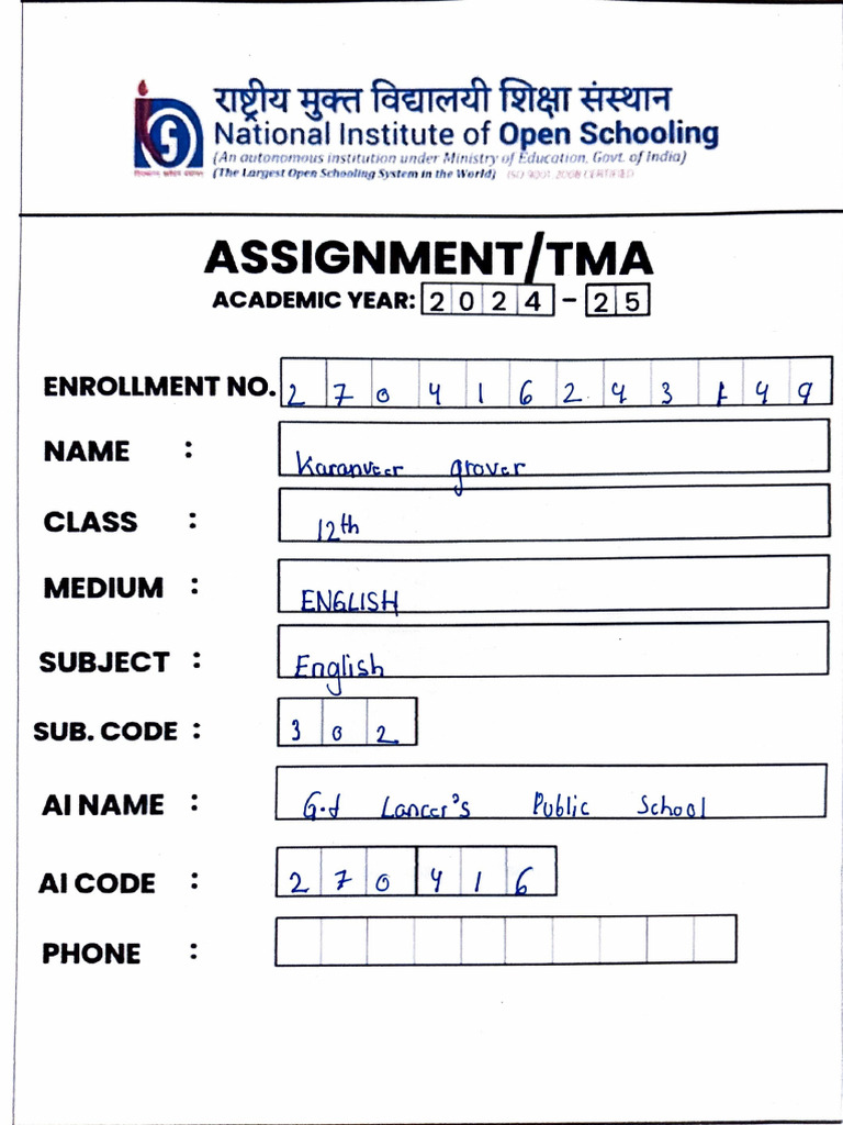 NIOS Assignment Template 2024 | PDF