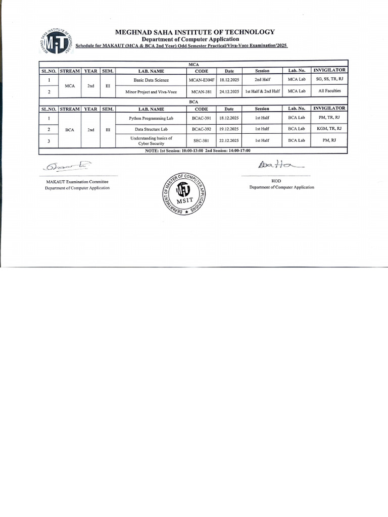 MAKAUT MCA BCA 2nd Year Exam Schedule 2025 | PDF | Educational Stages ...