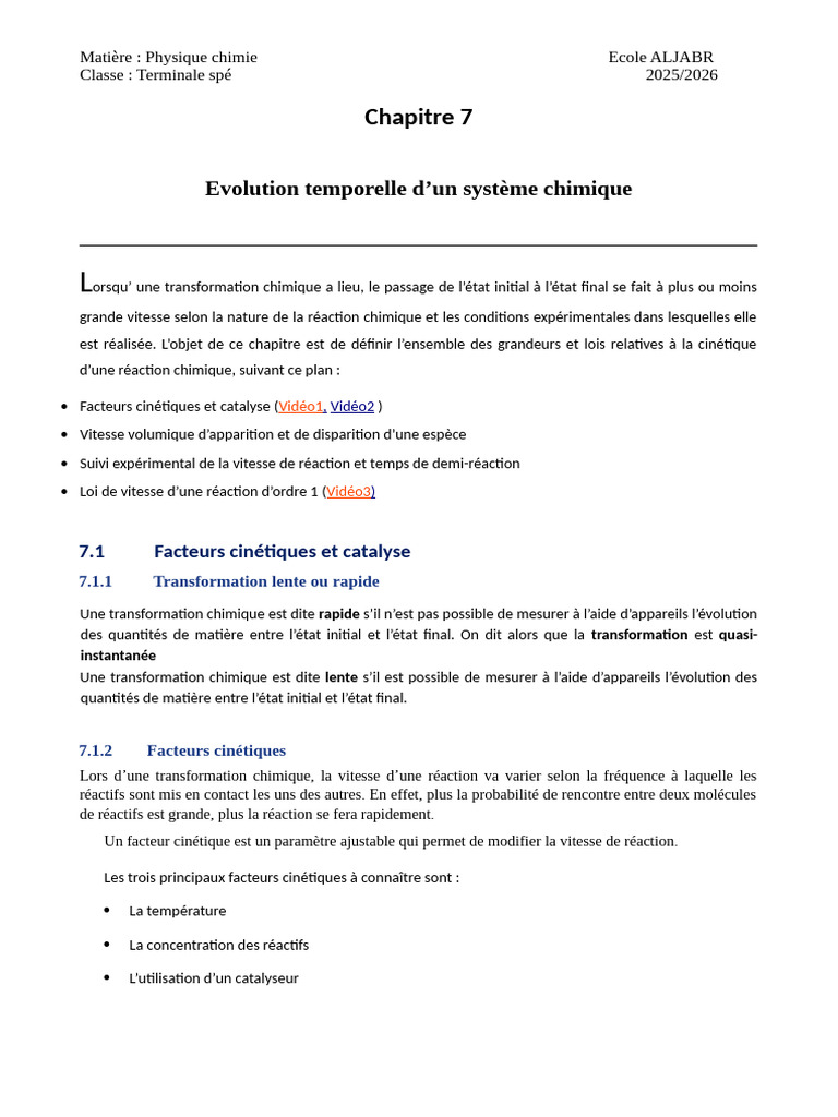 Cinétique des réactions chimiques en 1ère | PDF | Cinétique chimique ...