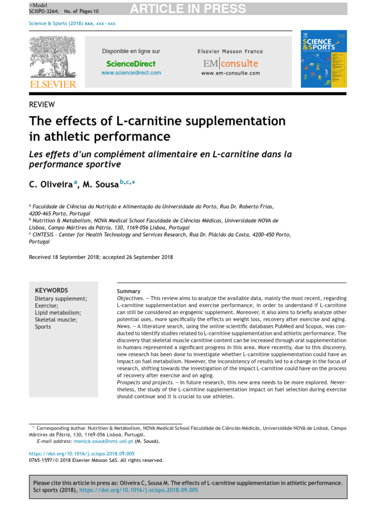 The Effects of L-Carnitine Supplementation in Athletic Performance ...