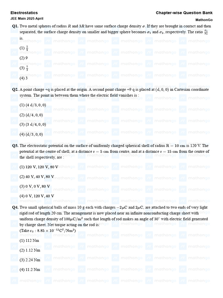 Electrostatics Question Bank for JEE 2025 | PDF | Sphere | Electric Field