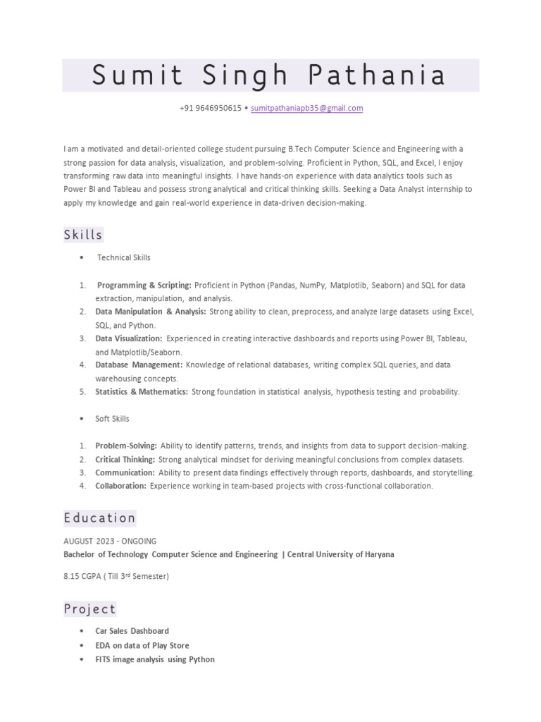 Data Analyst Internship Resume | PDF