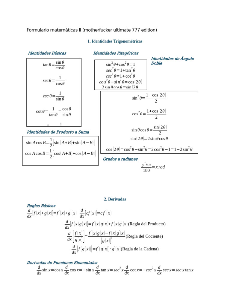 Formulario Mate II | PDF | Integral | Derivado