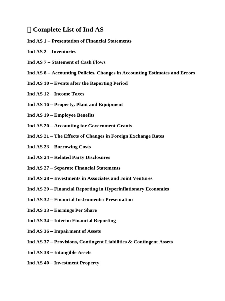Comprehensive Ind AS Standards List | PDF