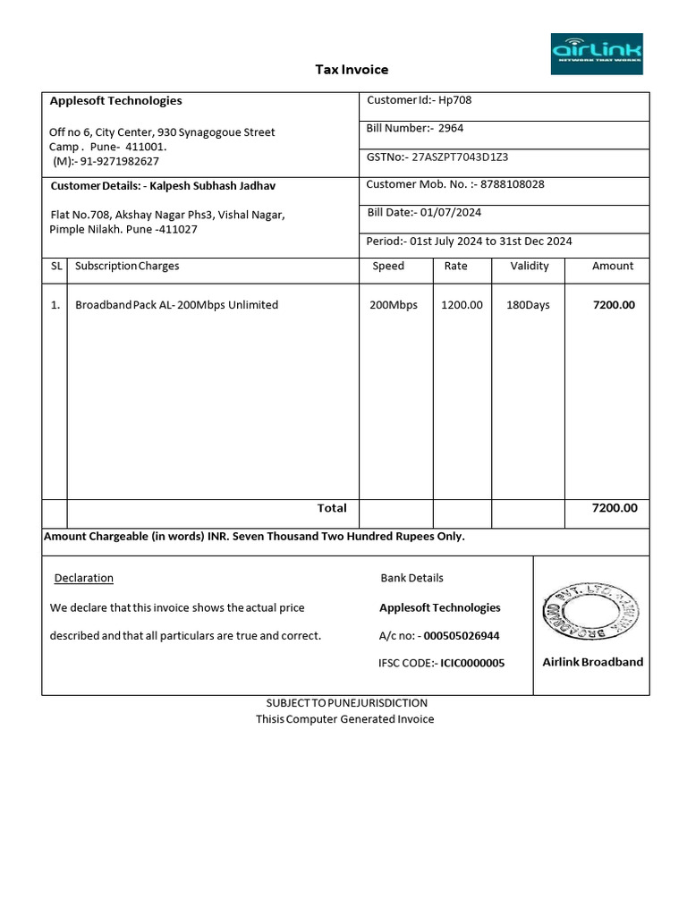 Tax Invoice for Broadband Services | PDF