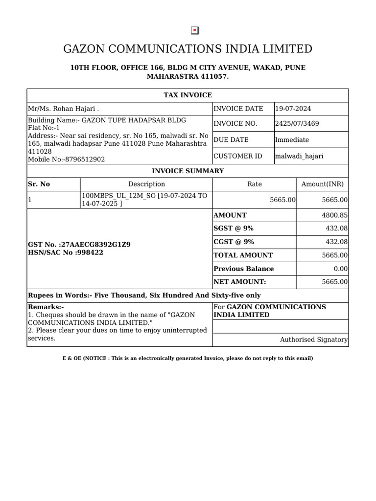 Gazon Communications Invoice #2425 | PDF
