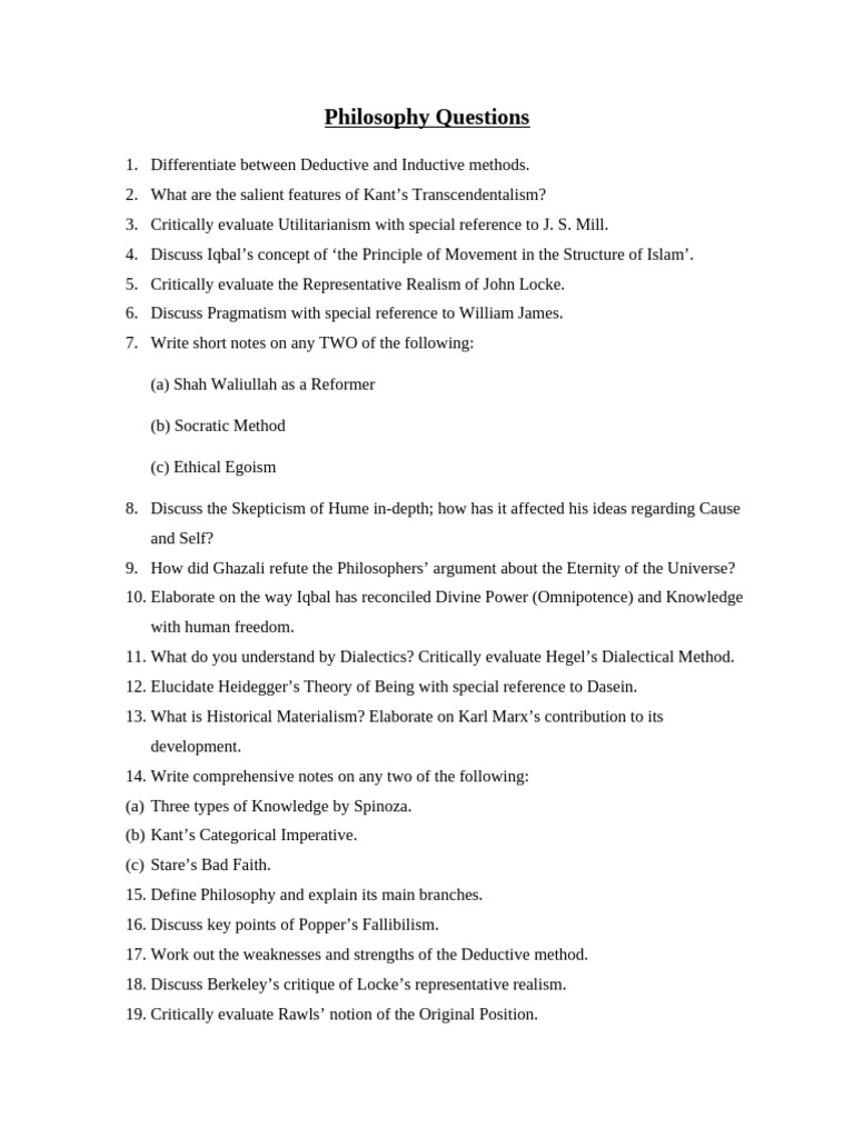 Philosophy Questions | PDF | Pragmatism | Immanuel Kant
