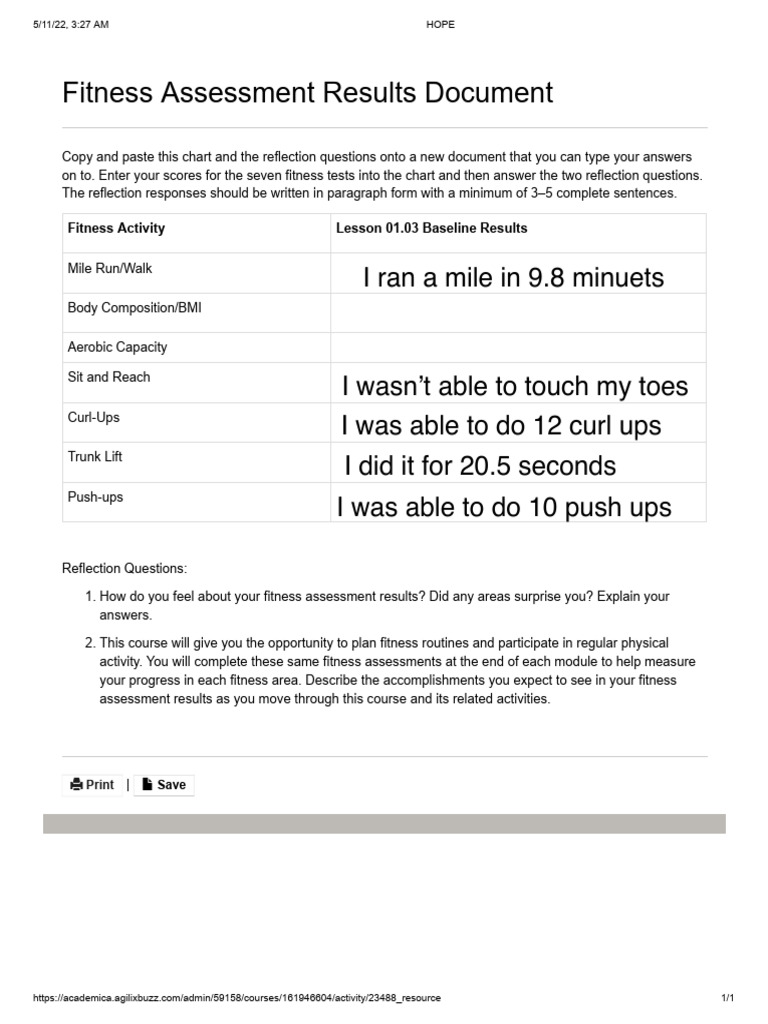 1.03 Fitness Assessment Results Document 2 | PDF