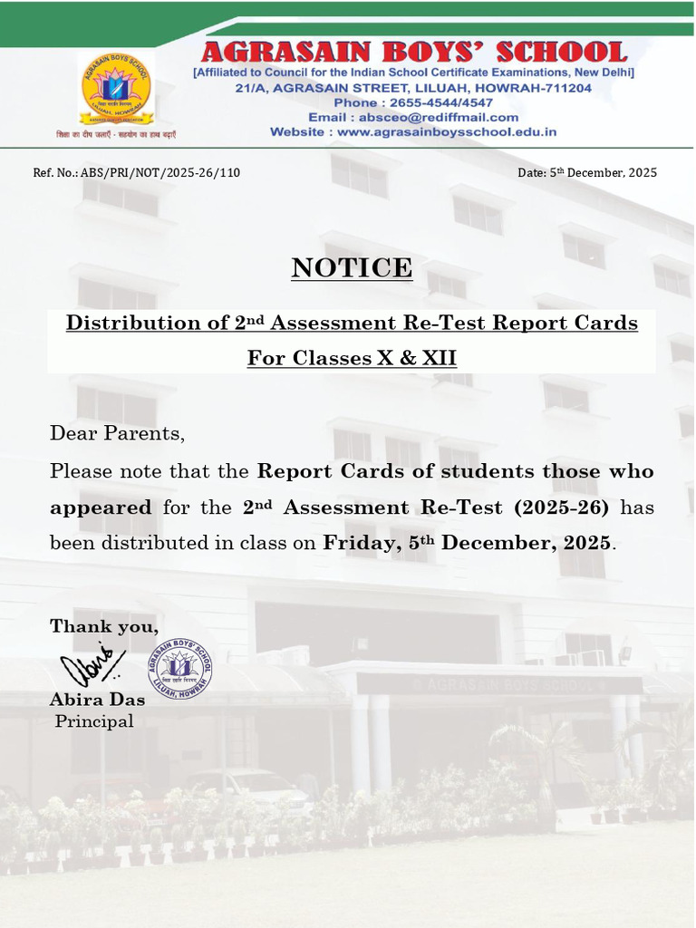 NOTICE CLASS X & XII Distribution of 2nd Assessment Re-Test Report ...