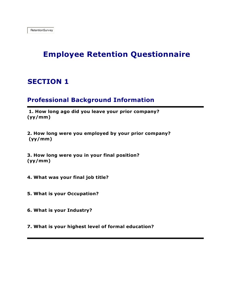 Employee Retention Questionnaire Employee Retention Employment