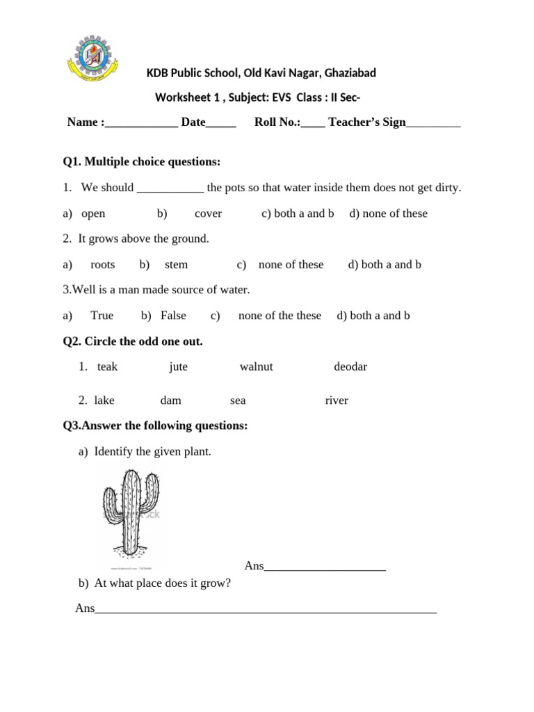 EVS Worksheet for Class II Students | PDF